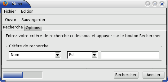 La bote de dialogue de recherche de fichiers avec une barre de menu